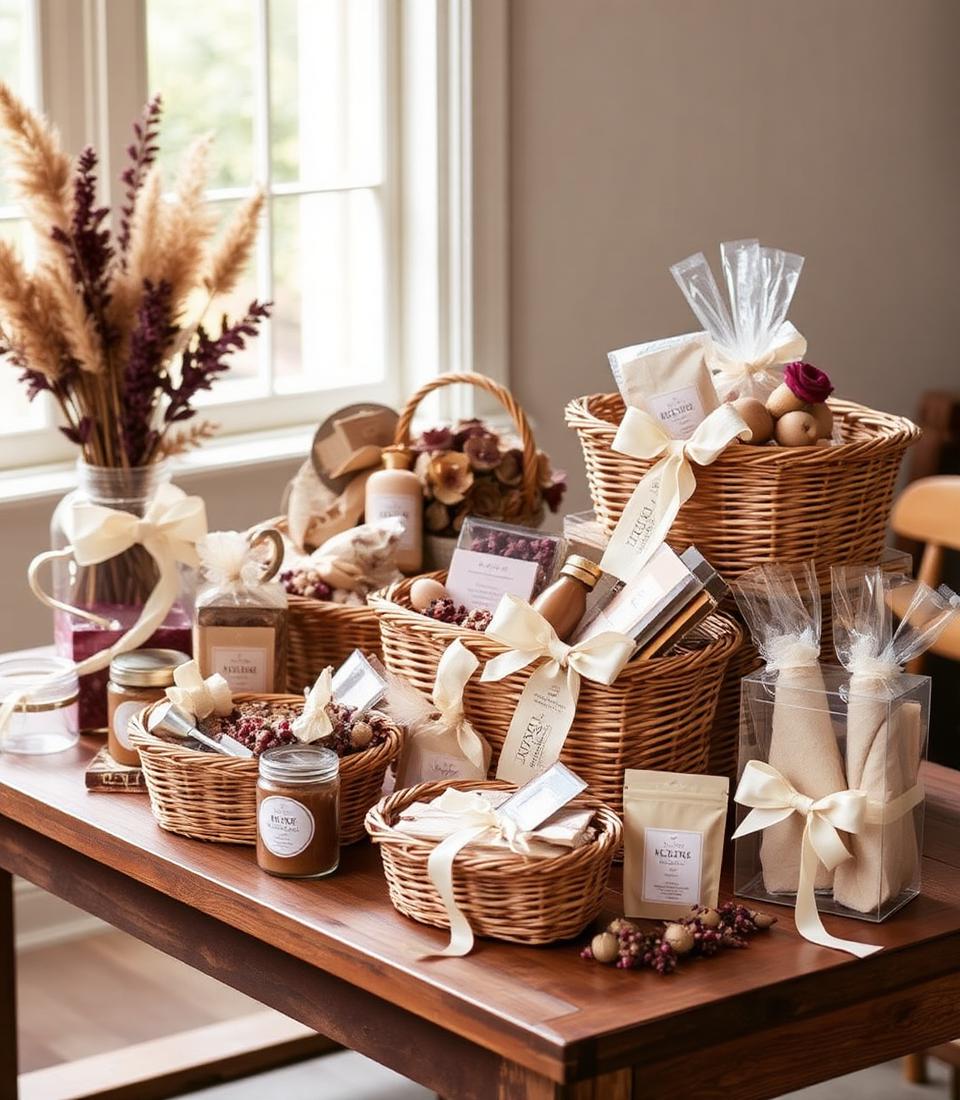 Collection of handcrafted Season's Harvest gift baskets with linen ribbons