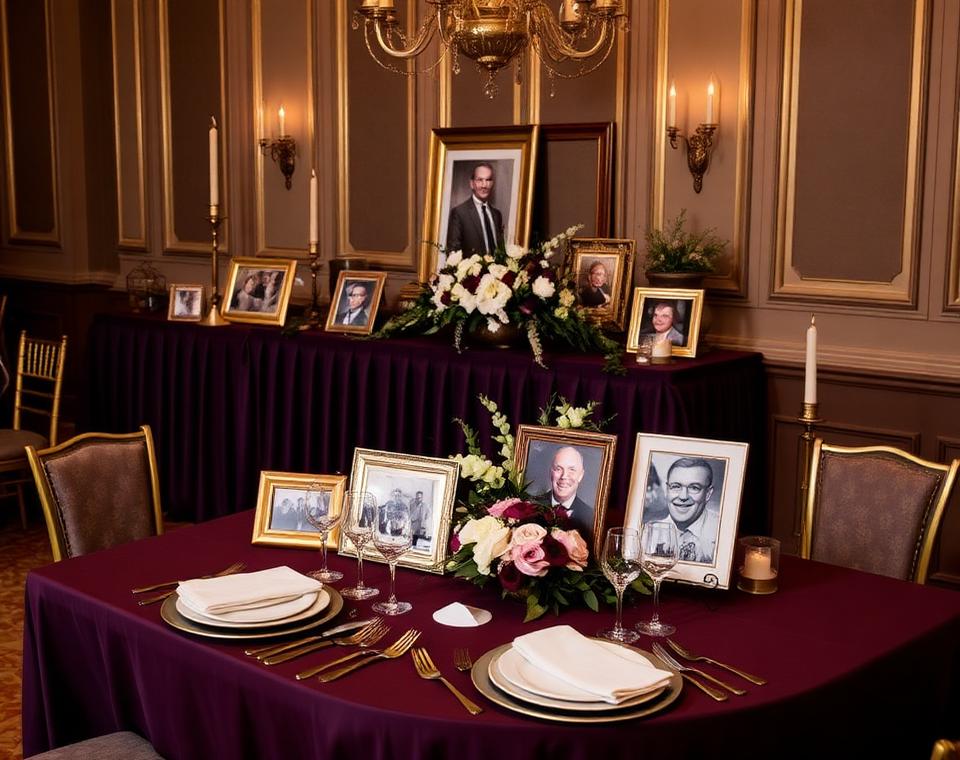 Retirement ceremony memory table styling with framed photographs and florals