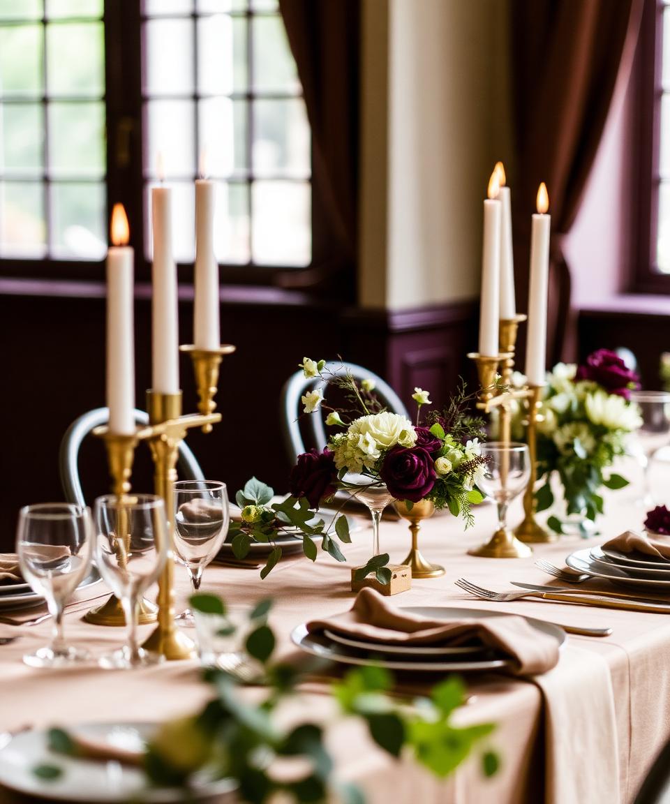 Elegant styled event tablescape by Season's Harvest, event decorator in Hampton Roads